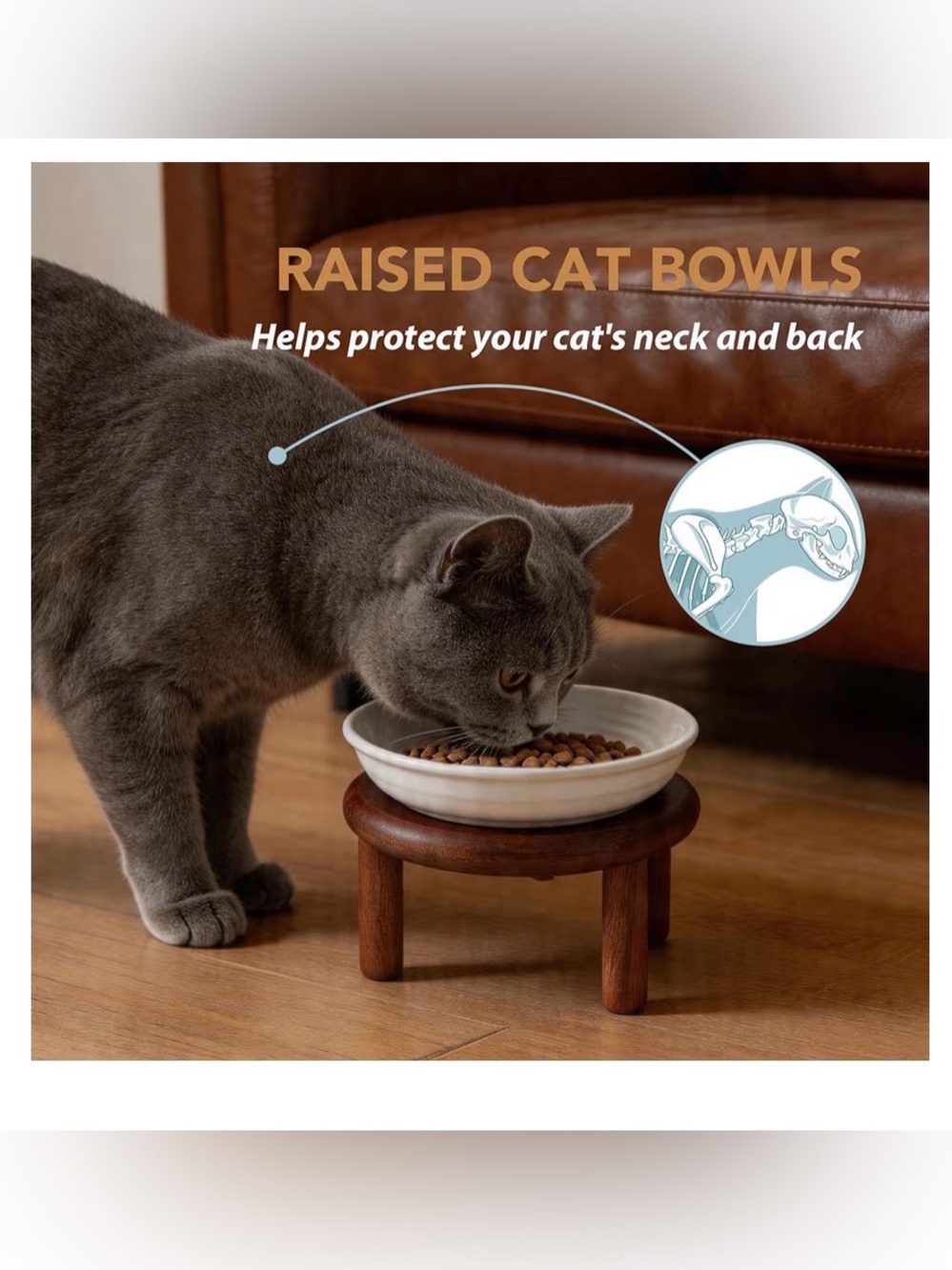 Set of two elevated bowls for cats on two adjustable heights on acacia platform - Picture 4 of 16